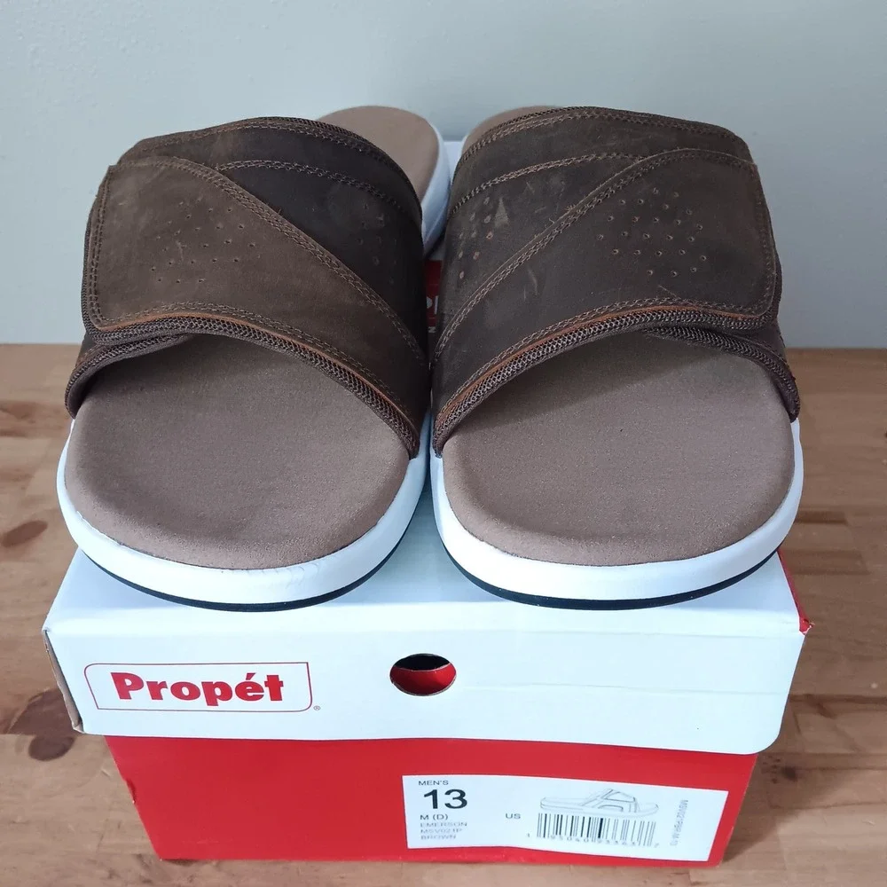 Propet Emerson Slide Sandals Mens 13M Brown Leather New Adjustable Strap Comfort